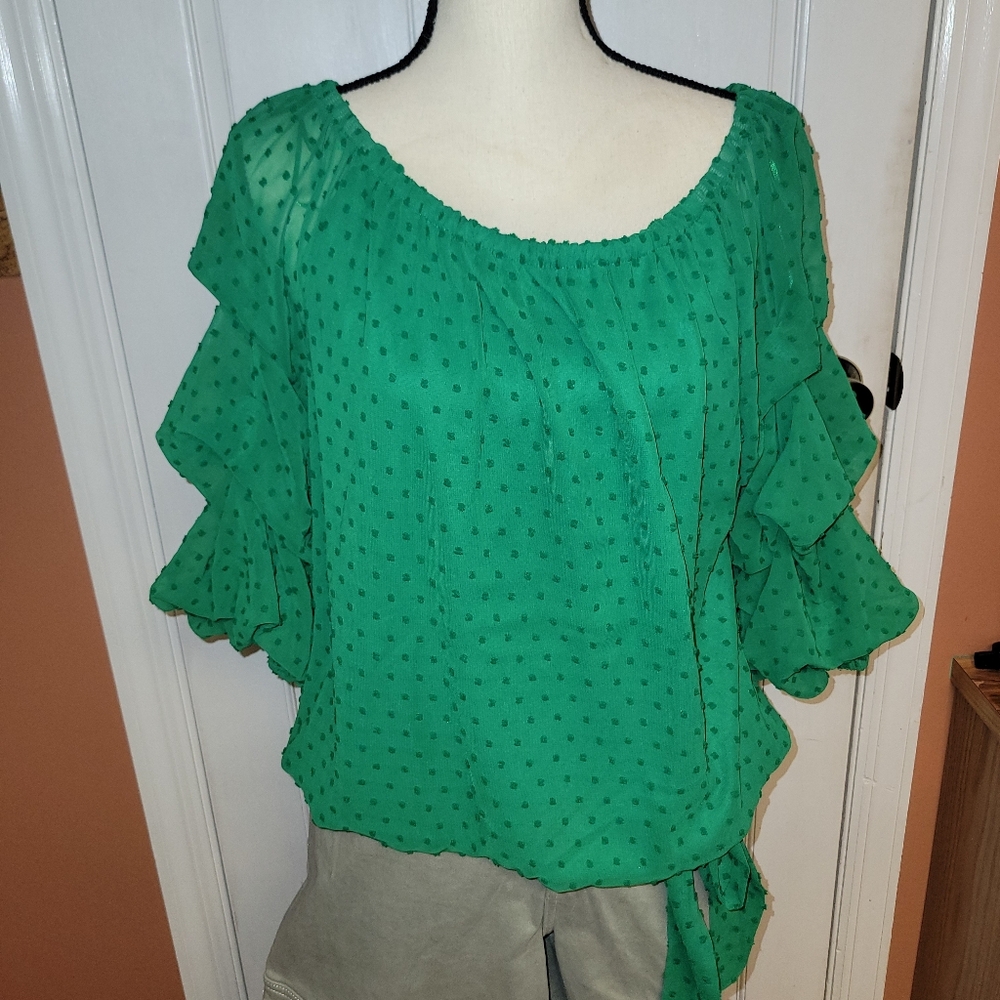 CeCe Green Polka Dot Ruffle Blouse